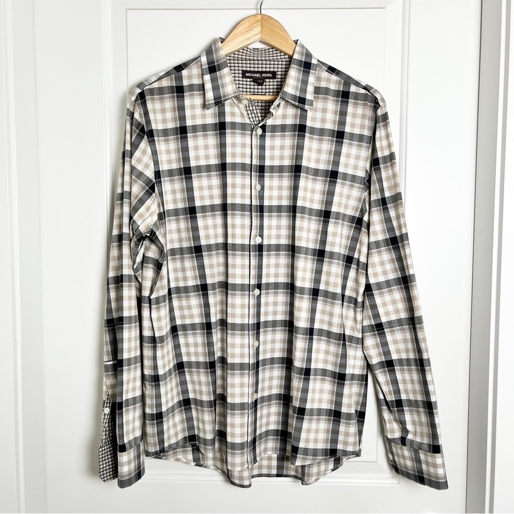 Michael Kors Tailored Fit Check Plaid Button Down Shirt - Beige & Black, Large